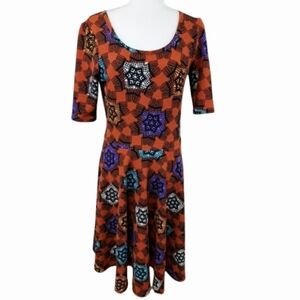 Lularoe Nicole Rust Brown Black White Geo Flower Long Short-Sleeve Women's Dress